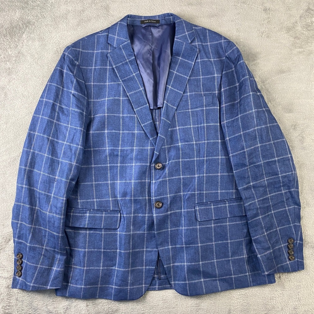 Lauren Ralph Lauren Sport Coat Mens 42R Blue Linen Windowpane Plaid Blazer